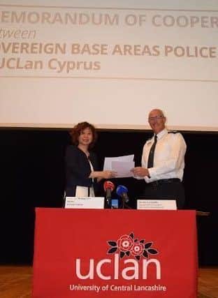 UCLan Cyprus memorandum of cooperation. Rector of UCLan Cyprus, Professor Melinda Tan and the Deputy Chief Constable of the Sovereign Base Areas Police Service, Mr Murray Duffin, signed the formal agreement.