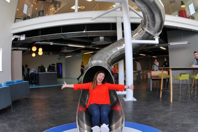Photo Neil Cross
Alison Chesworth on the giant slide at EKM Systems, Fulwood