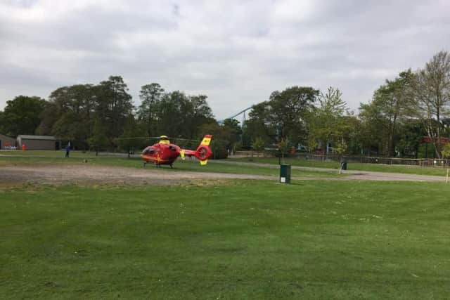 An air ambulance at Drayton Manor Theme Park in Drayton Manor, Tamworth