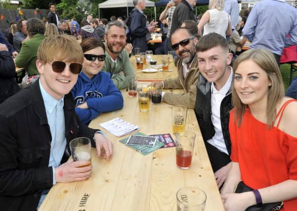 from left, Jordan Halliwell, Katie Pugh, Matt Morby, David Crain, Dan Russell and Becky Coupe at the Continental's Beer Festival in Preston
