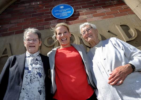 Unveiling of a blue plaque on the site of the Dick,Kerr Factory, Preston, where the first women football team was formed in December 1917.  L-r Sheila Parker, the first England Ladies team captain, former England international Rachel Brown and June Gregson a goalkeeper for the team 1949-57. Picture by Paul Heyes, Thursday May 18, 2017.