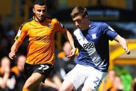 Jordan Hugill in action for PNE against Wolves at Molineux on the final day of the season