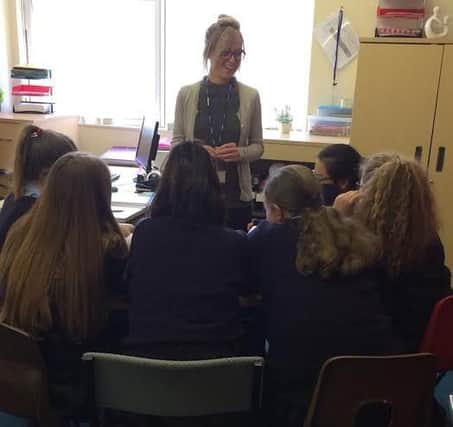 Charlotte Lowe talks to pupils at Lostock Hall Academy