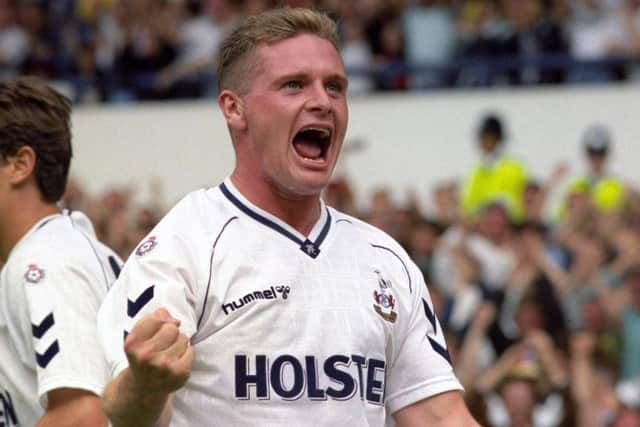 Tottenham Hotspur's Paul Gascoigne celebrates scoring against Derby County