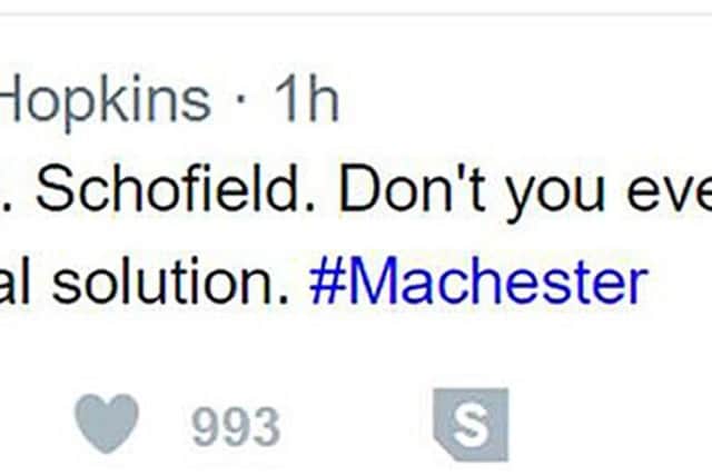Screen grabbed image taken from the Twitter feed of Katie Hopkins of a now deleted by the controversial broadcaster