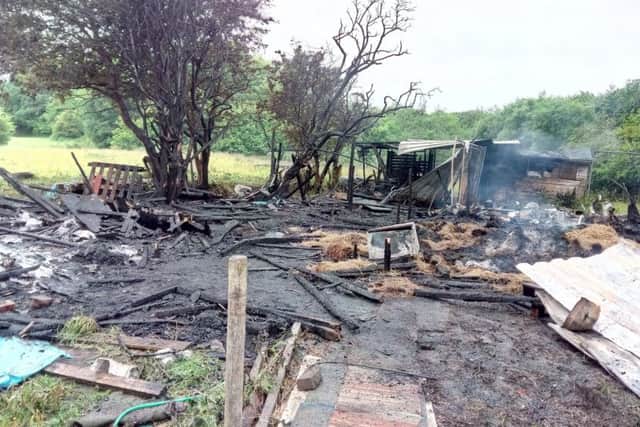 All that remains of Ronnie Hehir's stable and outbuildings  after a mystery fire broke out at 10pm on Sunday  May 28. Two goats died in the blaze.
