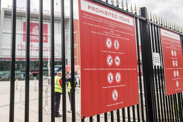 A prohibited items sign at the Emirates Old Trafford cricket ground