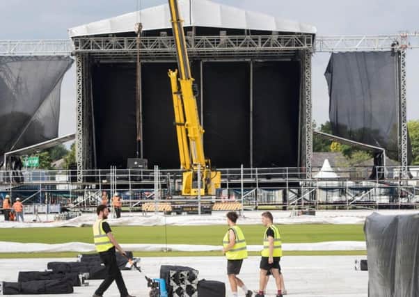 Preparations take place at the Emirates Old Trafford cricket ground ahead of Ariana Grande's One Love Manchester concert this weekend