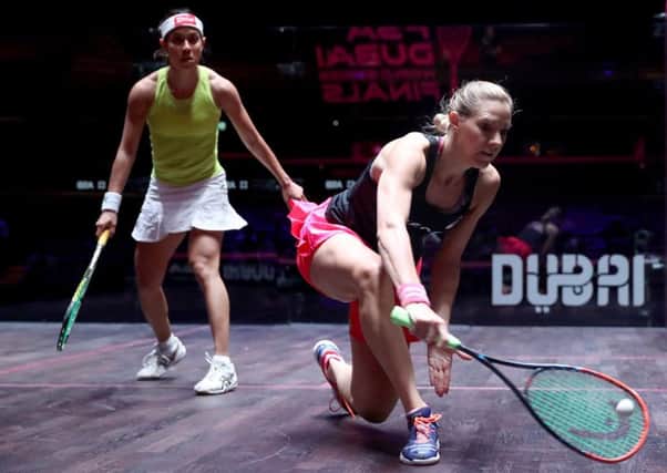 Laura Massaro on her way to victory against old rival Nicol David (left).Photo: Professional Squash Association