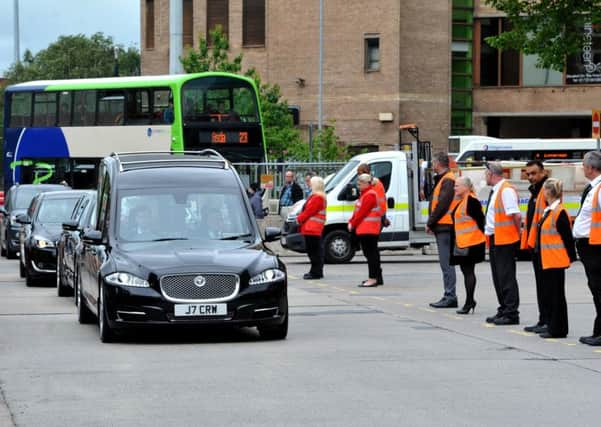 The funeral procession of Joan Dalton, 82, who used to take cake and biscuits for the drivers at Preston Bus Station
