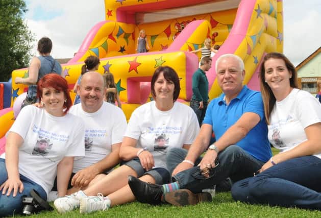 A previous memorial fun day for Danny Nicholls at the Printers Arms, from left, Louise Brookes, sister, Eric Nicholls, dad, Lorraine Nicholls, mum, comedian Dave Spikey and Leanne Clarke, sister