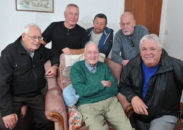 Photo Neil Cross
Frank Gardner, 92, who was robbed and beaten by a man in his own home, with his brother Ralph and friends Ken Fitzgerald, Ian Skillen, Ian Parkinson and Chris Brindle