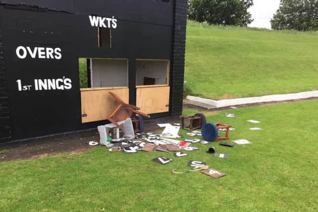 The damage to the score box at the club in June, 2017.