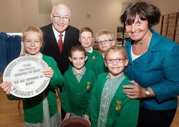 Councillor Terry Aldridge, Chairman of Lancashire County Council and County Councillor Phillippa Williamson, Leader Member for Young People, pictured with children from Primrose Hill Primary  School at the opening of the new Â£4m extension.