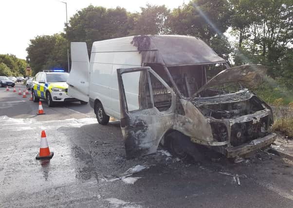 Van fire on the slip road to junction 3 of the M55 at Kirkham.
Courtesy of Lancashire Road Police