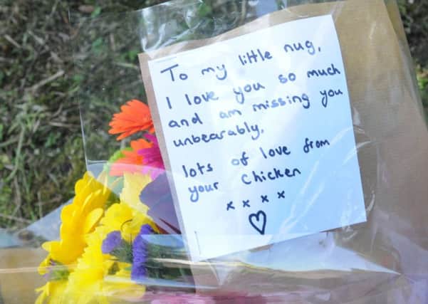 Flowers and tributes near the scene of the murder of Winstanley College student Ellen Higginbottom, Orrell Water Park, Greenslate Road, Orrell.