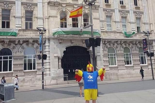 James Hamilton dressed as a chicken in Spain