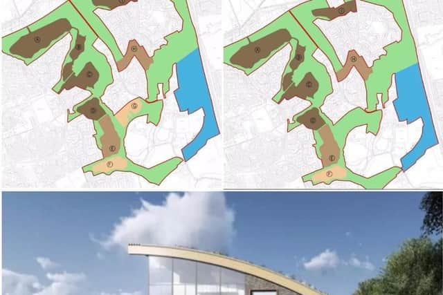 The original plans (left) show housing area (G) that has been scrapped in the amended application (right) in favour of public open space