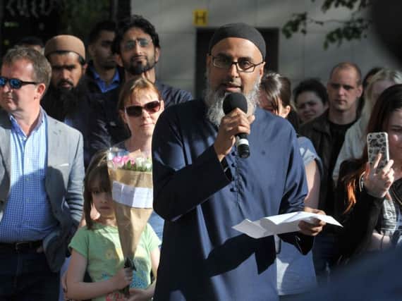Mukhtar Master addressing a vigil on Preston's Flag Market in support of the victims of the Manchester bombing