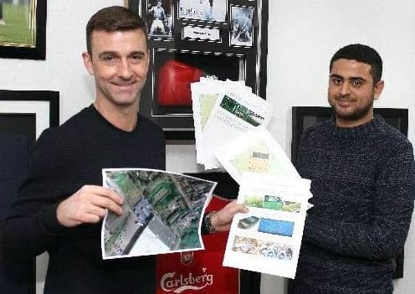 James Olsen (left) from the Jamie Carragher Football Academy with Yousef Vali (right) from VOI Jeans and Rhodi who have come up with the plans for the Football Academy.