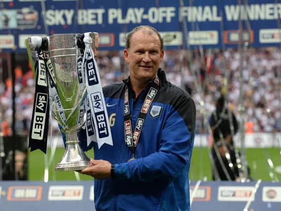 Simon Grayson after PNE's play-off final victory at Wembley in 2015