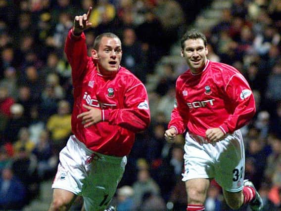 Alex Neil after scoring for Barnsley at Deepdale in 2001