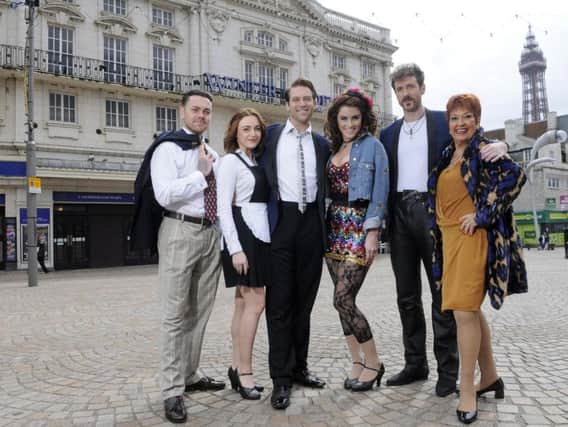 The cast of The Wedding Singer outside the Winter Gardens.  Pictured are Ray Quinn, Cassie Compton, Jon Robyns, Lucie Jones, Ashley Emerson and Ruth Madoc.