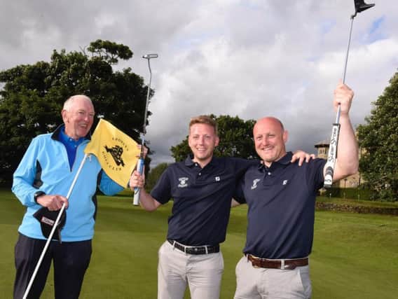 Chorley GC Captain Geoff Charlson with Darren Edwards and Danny Wright at the end of the Marathon. (Martin Birchall Photography)