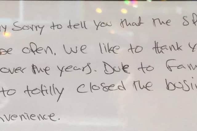 A note confirming the closure was put in the restaurant's window