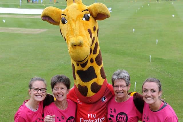 Women's teams gathered at Chorley Cricket Club for an evening of 'Prosecco Cricket', with glasses of bubbly along with softer balls.
The Leigh team meet Lanky the mascot.  PIC BY ROB LOCK
7-7-2017