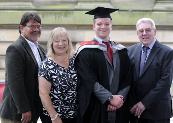 UCLAN graduation.  Pictured is Rory McCormack with Colin McCormack, Gillian McCormack and Frank Moren.