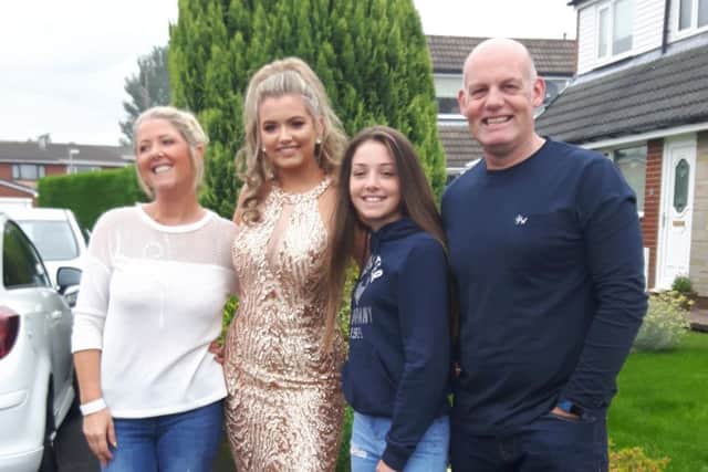 Jo pictured with Leah,  Shana and Steve on Leahs prom  night and (right) as she started her treatment