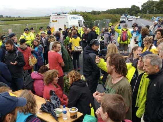 Farmers from across the country gathered outside the entrance to Cuadrilla for a protest