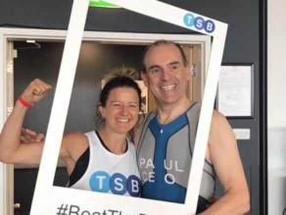 Sian Percival-Edwards, of Heartbeat, with TSB CEO Paul Pester at the AJ Bell Triathlon in partnership with TSB