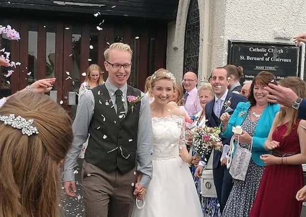 Naomi Lynch and Thomas Colgan after their wedding at St Bernard's Church, Knott End.