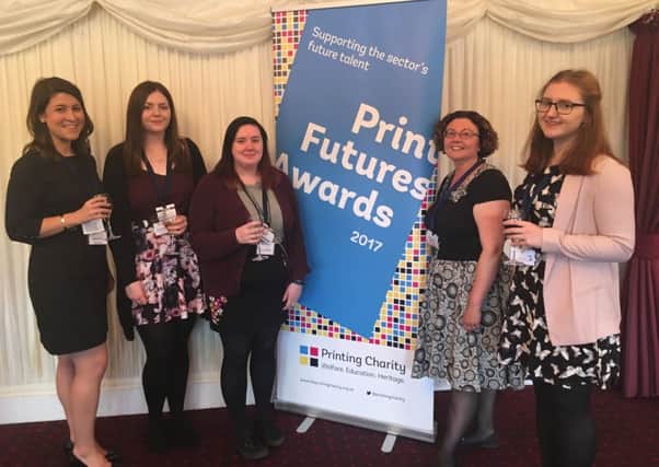 (L-R) Alexandra Holmes, Charlon Flynn, Amy Coffey (UCLan student who also worked on the same project as Charlon but wasnt an official award winner), Head of UCLan Publishing and Chair of the Association of Publishing Education Debbie Williams and Charlotte Coldwell