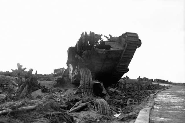 Wreckage of a British tank beside the infamous Menin Road near Ypres, Belgium,