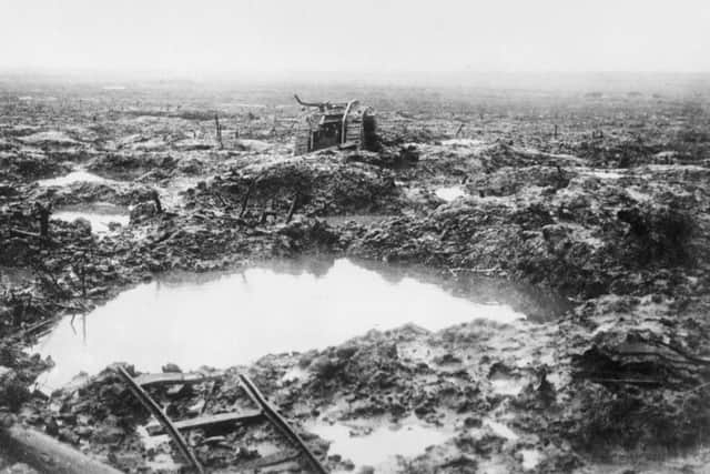 Muddy battlefield during the First World War's battle of Passchendaele.