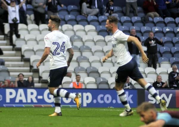 Sean Maguire celebrates his first PNE goal against Burnley.
