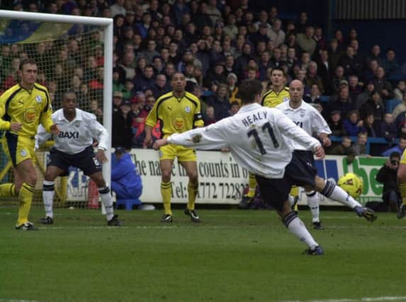 Preston's David Healy shoots for goal during the game against Sheffield Wednesday at Deepdale