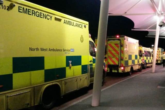 Ambulances queuing outside Royal Preston Hospital.