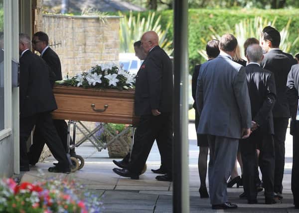 The funeral service of Coronation Street scriptwriter Peter Whalley, who was from Hest Bank near Morecambe, took place today at Lancaster and Morecambe Crematorium.
The coffin is taken in.  PIC BY ROB LOCK
9-8-2017