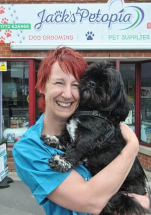 Photo Neil Cross REAL LIFE STORY Jackie M'Cartney - has launched her dog grooming business in Lostock Hall Jackie with Bruce
