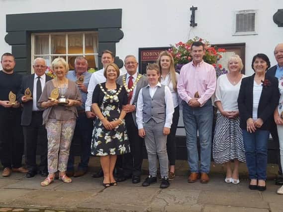 Garstang business owners with mayor Peter Ryder and representatives of Garstang Independent Traders at The Royal Oak Pub for Garstang Business in Bloom awards 2017