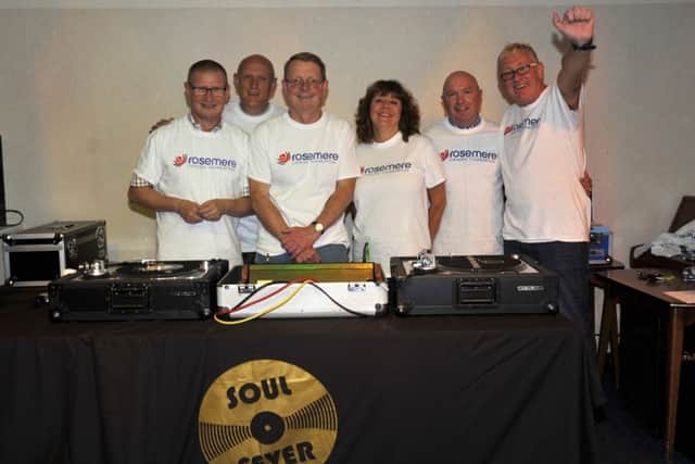 DJ's from left, Geoff Young, Pete Collins, David Wright, Carol Gilboy, Bob Bayne and Lester Wardle at the Motown and Soul night at Preston Masonic Hall
