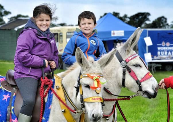 Picture by Julian Brown 19/08/17
Oliver Thackray (7) and Shannon Burrow (9) on donkeys Casper and Leo
Fylde Country Show, Kirkham