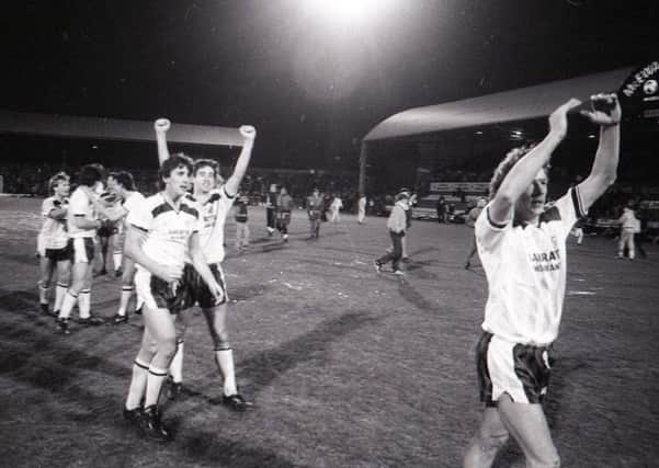 Ronnie Hildersley celebrates at the final whistle after sending PNE into the fourth round of the FA Cup back in 1987