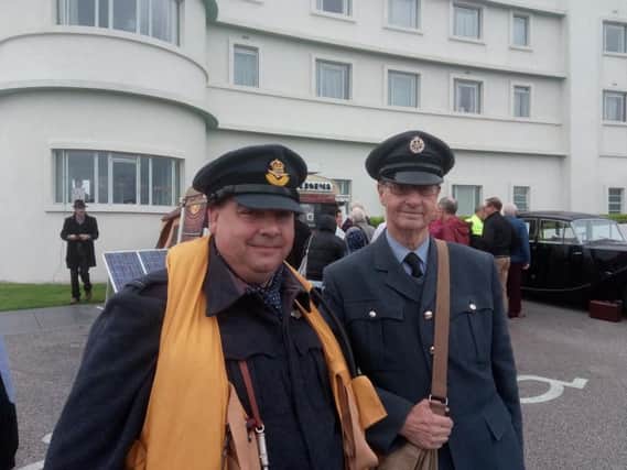 David Albison from Oldham and Stuart Black from Brighouse outside the Midland Hotel at the Morecambe Vintage-by-the-Sea festival.