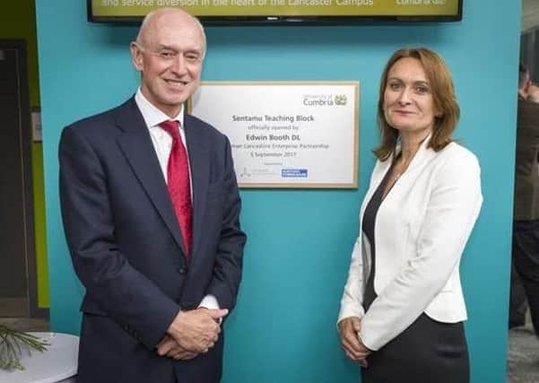 Chairman of the Lancashire Enterprise Partnership Edwin Booth with University of Cumbria Vice Chancellor Prof Julie Mennell at the official opening of the Â£9m Semantu Building