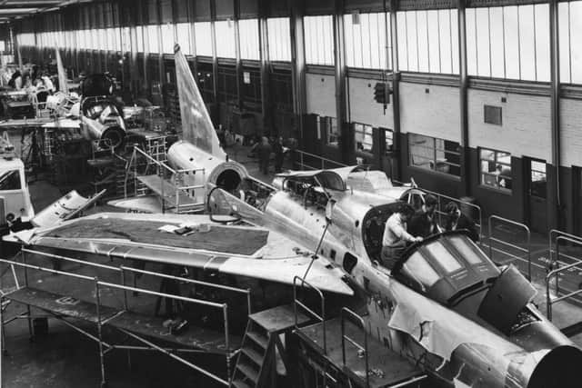 A view of the assembly line of Lightnings, at Salmesbury
